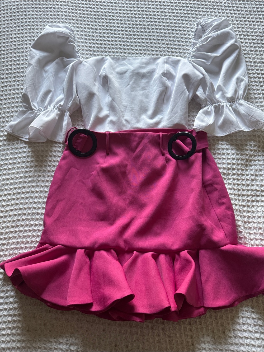 Bright Pink Mini Skirt with Ruffle Hem and Ring Detail HANDMADE